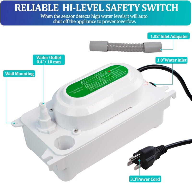 Drphiru Condensate Pump, 6.6 ft/2 m Lift, 110V, 5W AC, 100 L/H Flow, Air Conditioner, Commercial Ice Makers, White - Image 2